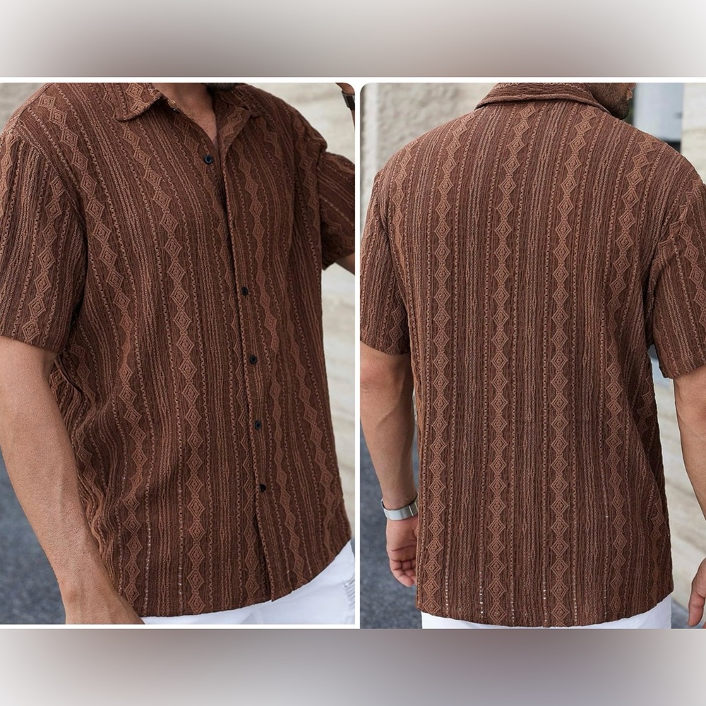 Old Money Brown Textured Knit Camp Collar Shirt | XXL | Vintage Resort Style